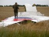 Armed pro-Russian separatist stands on part of the wreckage of the Malaysia Airlines Boeing 777 plane after it crashed near the settlement of Grabovo in the Donetsk region